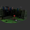 Future Architecture Inspired Castle Structure With Stone Walls Steps Flags And Red Mechanical Creature