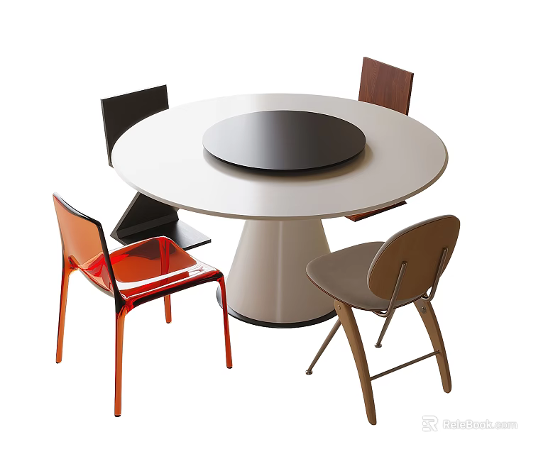 Modern Round Dining Table with Rotating Center and Multi Colored Chairs Set 3d model 