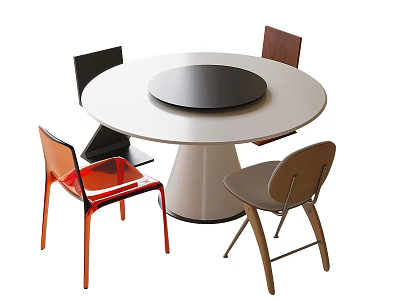 Modern Round Dining Table with Rotating Center and Multi Colored Chairs Set 3d model