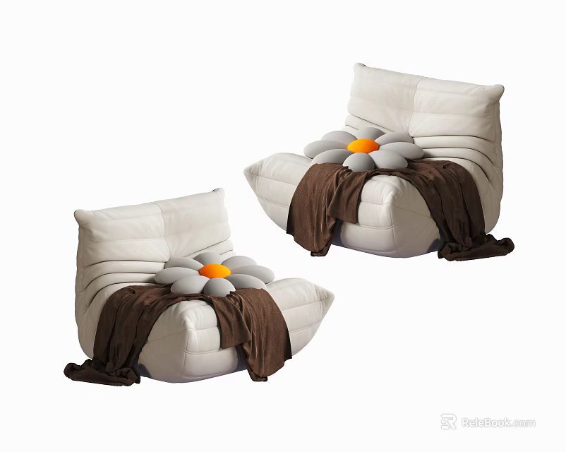 Comfortable White Bean Bag Chairs With Flower Shaped Cushions And Brown Blankets 3d model 