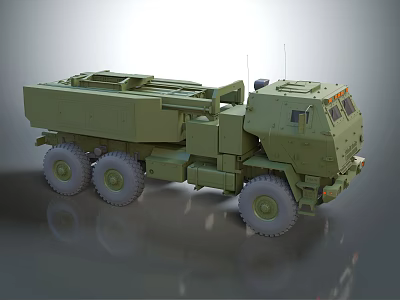 Olive Green Military Truck With Six Wheeled Cargo Bed And Antenna Structure 3d model