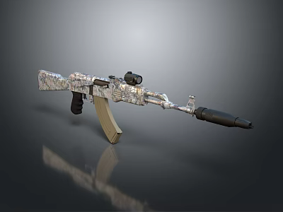 Camouflage Patterned Rifle With Scope Light Colored Stock And Muzzle Device 3d model