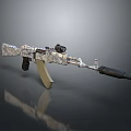 Camouflage Patterned Rifle With Scope Light Colored Stock And Muzzle Device