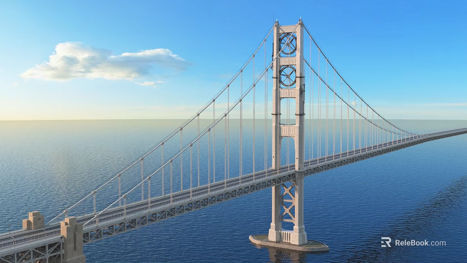 Beautiful Suspension Bridge Spanning the Sea with Clock Towers Against Blue Sky and Ocean View 3d model 