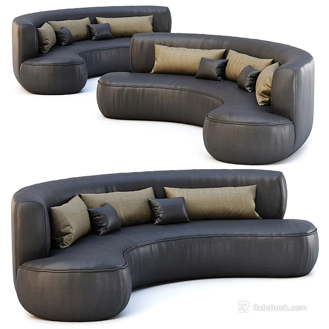 Curved Leather Sectional Sofa with Beige and Black Decorative Pillows Modern Living Room Furniture 3d model 