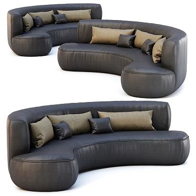Curved Leather Sectional Sofa with Beige and Black Decorative Pillows Modern Living Room Furniture 3d model