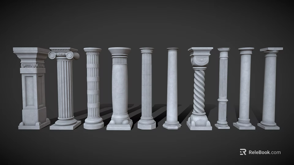 Classical Roman Columns with Various Decorative Designs and Architectural Styles 3d model