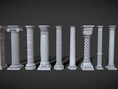 Classical Roman Columns with Various Decorative Designs and Architectural Styles 3d model