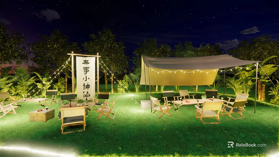 Starry Night Outdoor Tent On Green Grass With Trees Chairs Tables And String Lights 3d model 