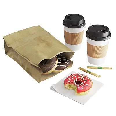 Delicious Chocolate And Pink Frosted Doughnuts With Coffee Cups Candy Bars In Brown Paper Bag 3d model