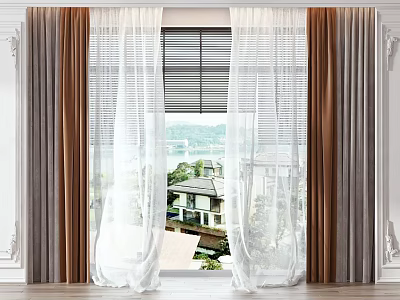 Layered Curtains With Sheer White Panels And Brown Gray Drapes For Window View 3d model