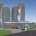 Modern Unique Commercial Complex With Wavy Facade Green Spaces And Circular Design Elements 3d model