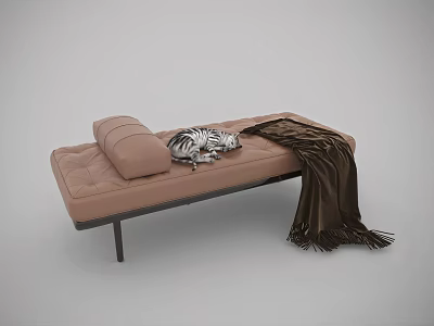 Modern Brown Sofa Bench with Zebra Print Pillow and Brown Blanket on Black Legs 3d model