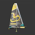 Yellow and Black Sailboat Model with Colorful Logos on Sail and Reflective Base