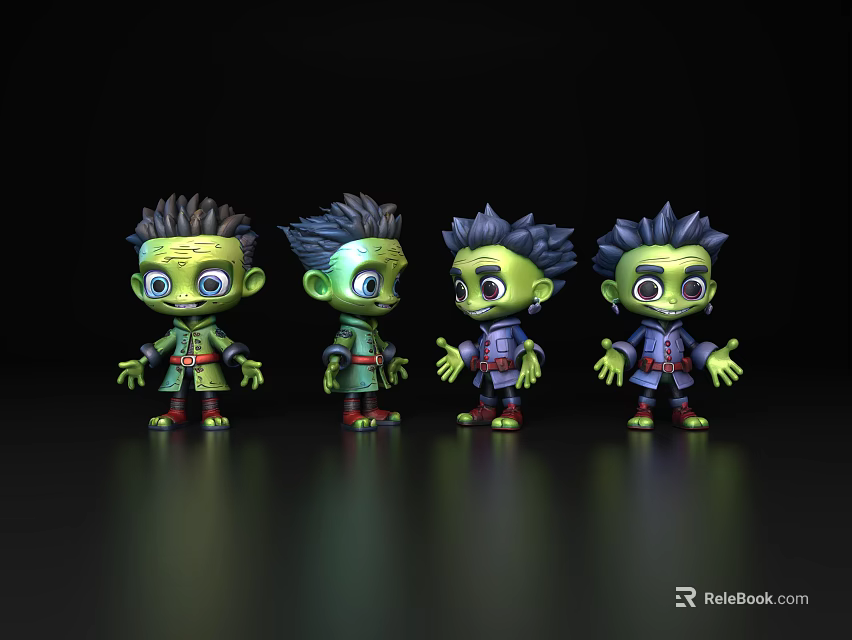 Four Green Skinned Game Movie Characters With Different Hairstyles And Various Poses 3d model 
