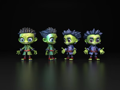 Four Green Skinned Game Movie Characters With Different Hairstyles And Various Poses 3d model