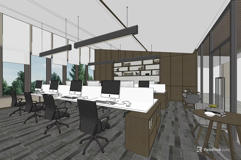 Modern Public Office Space With Open Layout Desks Computers Hanging Lights And Large Windows 3d model