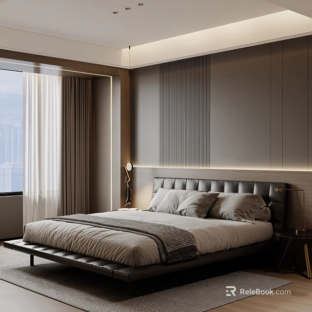 Modern Elegant Bedroom Interior Design With Large Window Curtains Gray Wall Headboard Nightstand And Lighting 3d model 