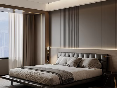 Modern Elegant Bedroom Interior Design With Large Window Curtains Gray Wall Headboard Nightstand And Lighting 3d model