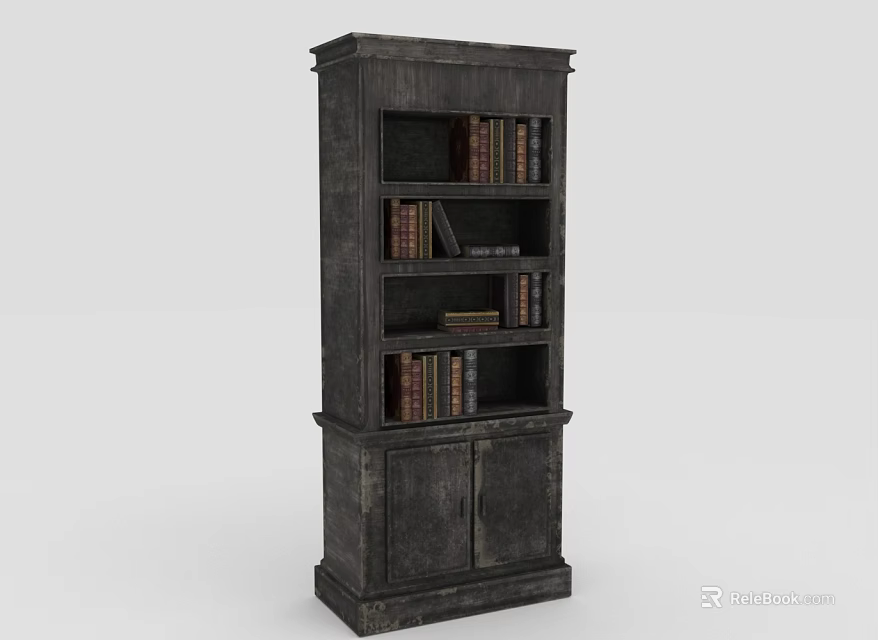 Dark Vintage Wooden Bookcase With Open Shelves Books And Bottom Cabinet Doors 3d model 