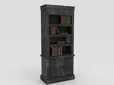 Dark Vintage Wooden Bookcase With Open Shelves Books And Bottom Cabinet Doors 3d model