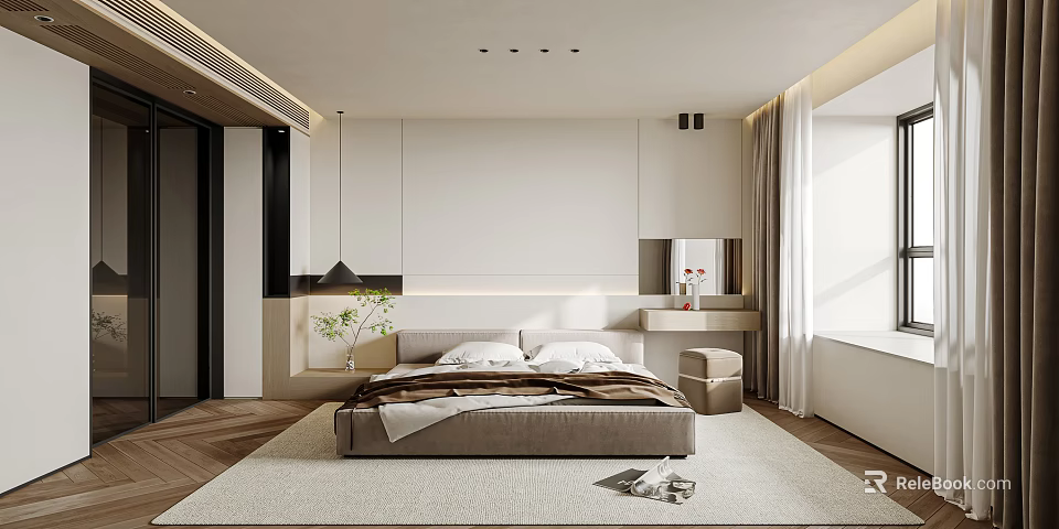 Modern Minimalist Bedroom Interior With Large Bed Nightstand Area Rug And Window Curtains 3d model 