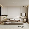 Modern Minimalist Bedroom Interior With Large Bed Nightstand Area Rug And Window Curtains