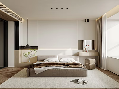 Modern Minimalist Bedroom Interior With Large Bed Nightstand Area Rug And Window Curtains 3d model