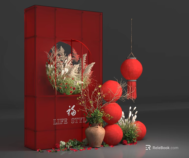 Red Photo Check In Spot with Circular Cutout Red Lanterns Greenery Fu Character Life Style 3d model 