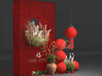 Red Photo Check In Spot with Circular Cutout Red Lanterns Greenery Fu Character Life Style 3d model
