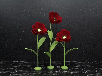 Beautiful Photo Checkin Spot Featuring Red Flowers Green Stems Leaves Black Background and Marble Countertop 3d model