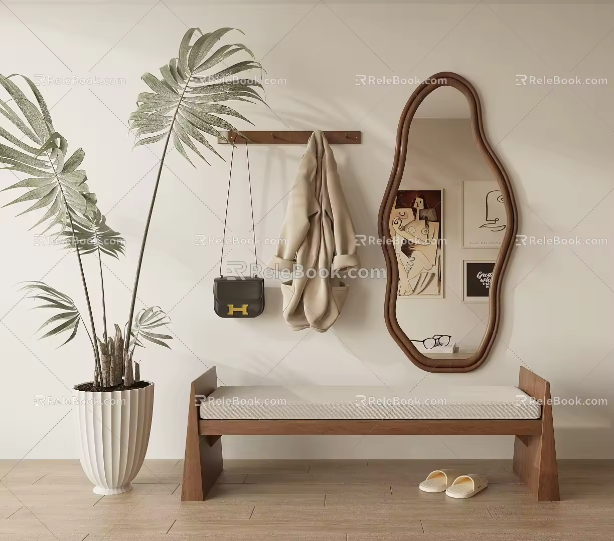 Modern full-length mirror shoe-changing stool clothes rail 3d model