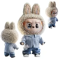 Plush Stuffed Doll with Rabbit Ears Fluffy Material Striped Shirt and Jeans in Three Sizes