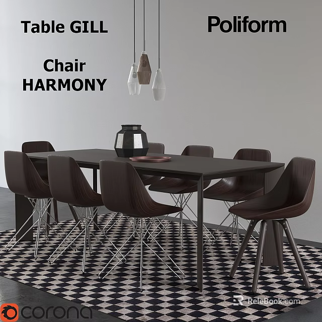 Harmony Dining Table With Dark Wood Chairs And Pendant Lights In Checkered Rug Interior 3d model 