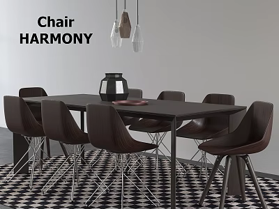 Harmony Dining Table With Dark Wood Chairs And Pendant Lights In Checkered Rug Interior 3d model