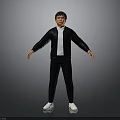 Man In Black Jacket White Shirt Black Pants White Shoes Arms Outstretched Against Gray Background