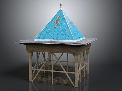 Blue Pyramid Tower With Golden Decorations And Wooden Carved Base Structure 3d model