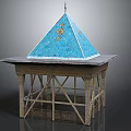Blue Pyramid Tower With Golden Decorations And Wooden Carved Base Structure