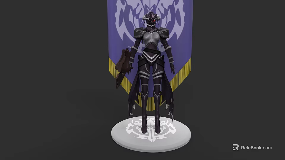 Game Character in Detailed Armor Holding Axe with Purple Yellow Banner on Circular Base 3d model 