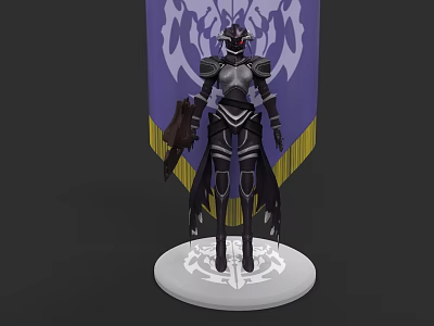 Game Character in Detailed Armor Holding Axe with Purple Yellow Banner on Circular Base 3d model