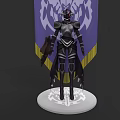 Game Character in Detailed Armor Holding Axe with Purple Yellow Banner on Circular Base