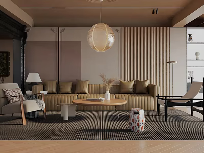Modern Living Room Interior Design With Cozy Sofa Wooden Coffee Table And Round Pendant Light 3d model