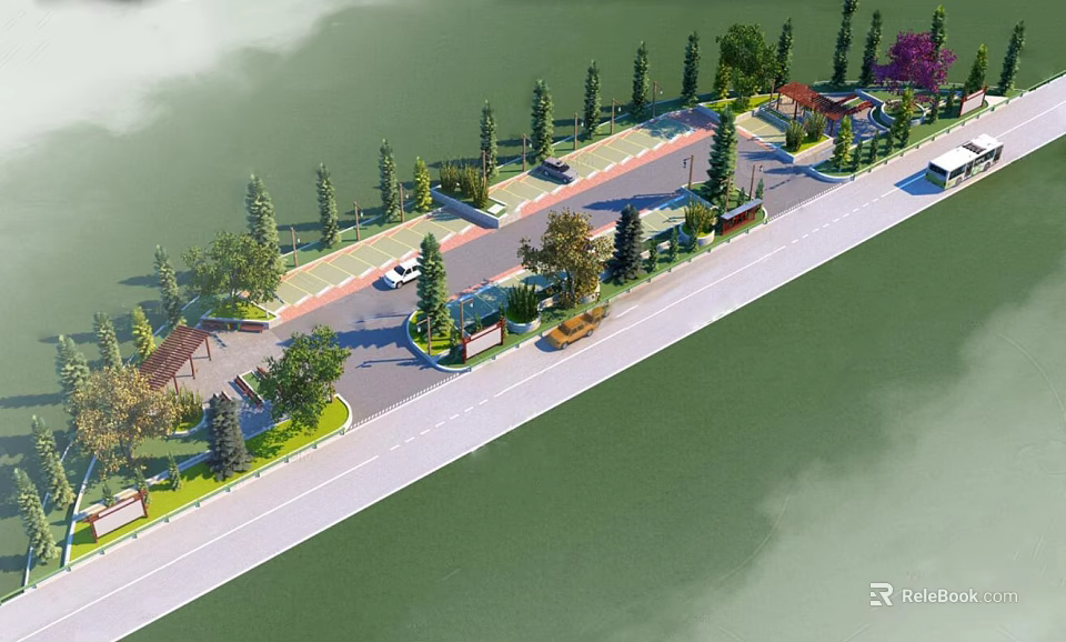 Scenic Entrance Area With Lush Trees Paved Roads Vehicles And Buildings In Landscape 3d model 