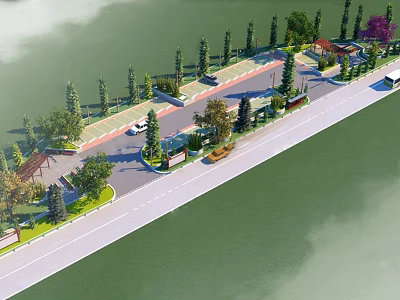Scenic Entrance Area With Lush Trees Paved Roads Vehicles And Buildings In Landscape 3d model