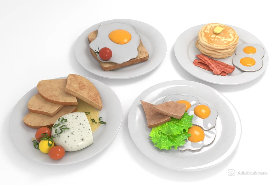 Appetizing Breakfast Foods With Fried Eggs Toast Pancakes Bacon Cheese And Fresh Vegetables 3d model 