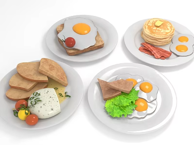 Appetizing Breakfast Foods With Fried Eggs Toast Pancakes Bacon Cheese And Fresh Vegetables 3d model