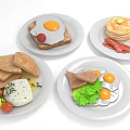 Appetizing Breakfast Foods With Fried Eggs Toast Pancakes Bacon Cheese And Fresh Vegetables