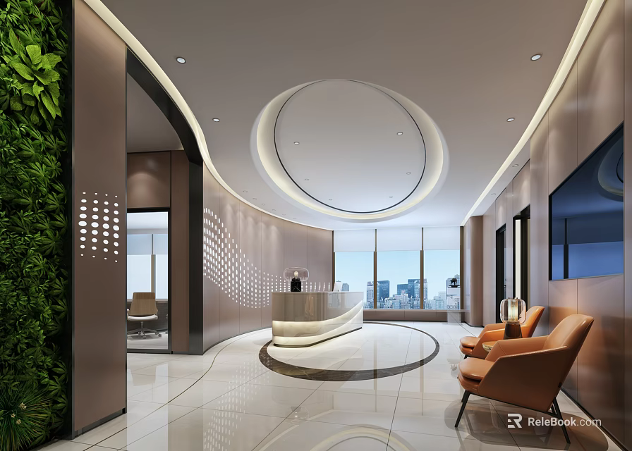 Modern Reception Area With Circular Front Desk Green Wall And City View Windows 3d model 