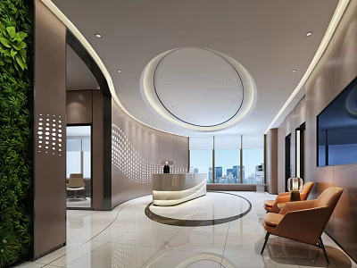 Modern Reception Area With Circular Front Desk Green Wall And City View Windows 3d model