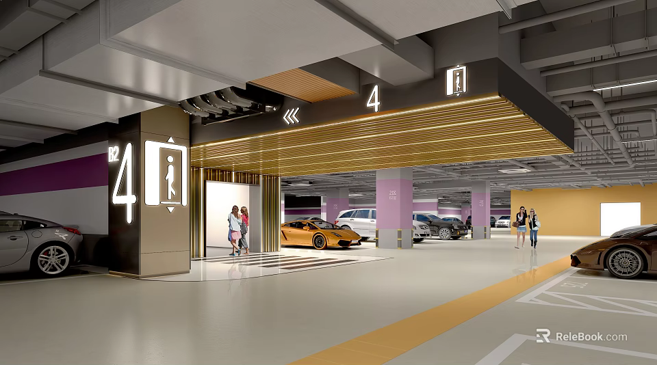 Modern Indoor Parking Garage With Number 4 Entrance Cars Bright Lighting And Pedestrians 3d model 
